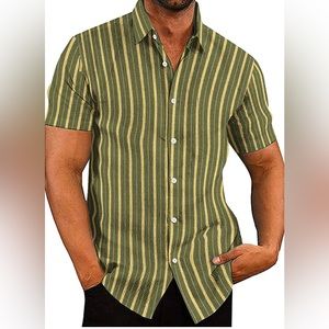 COOFANDY Short Sleeve Shirt, Size Large, Gray and Yellow Stripes